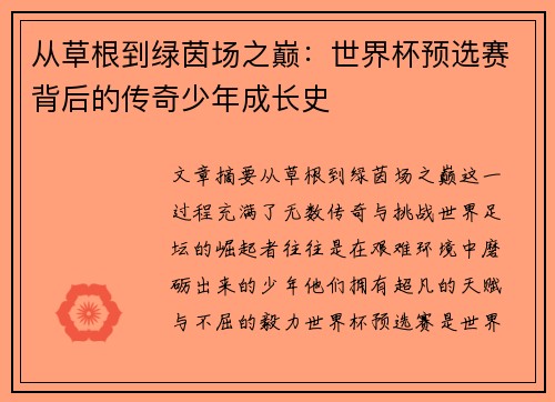 从草根到绿茵场之巅：世界杯预选赛背后的传奇少年成长史