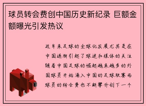 球员转会费创中国历史新纪录 巨额金额曝光引发热议